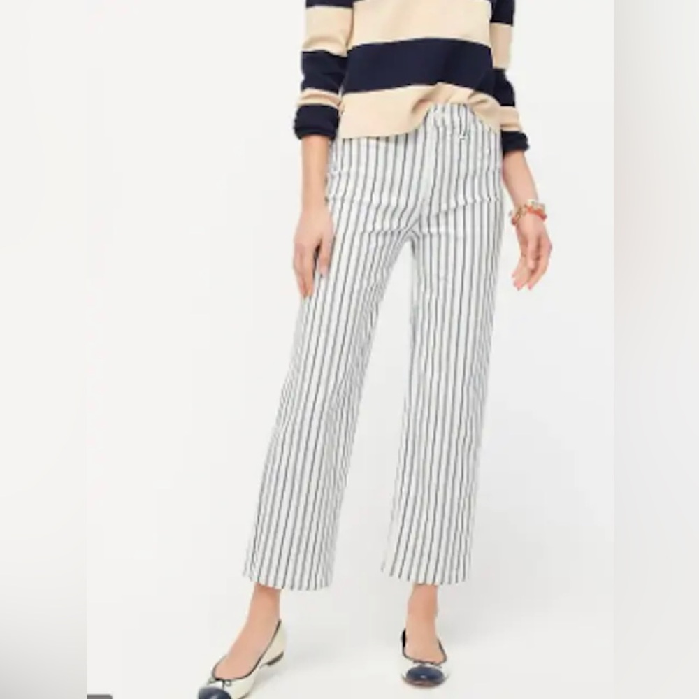 J. Crew White & Navy Vertical Stripe Cropped Wide-Leg Pants